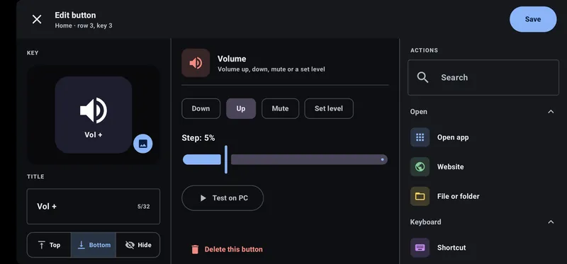 The button editor: the key preview and title on the left, the Volume action's settings in the middle, and the searchable action list on the right