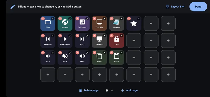 Edit deck mode: every key shows edit and delete badges, empty keys show a plus, with Delete page and Add page below