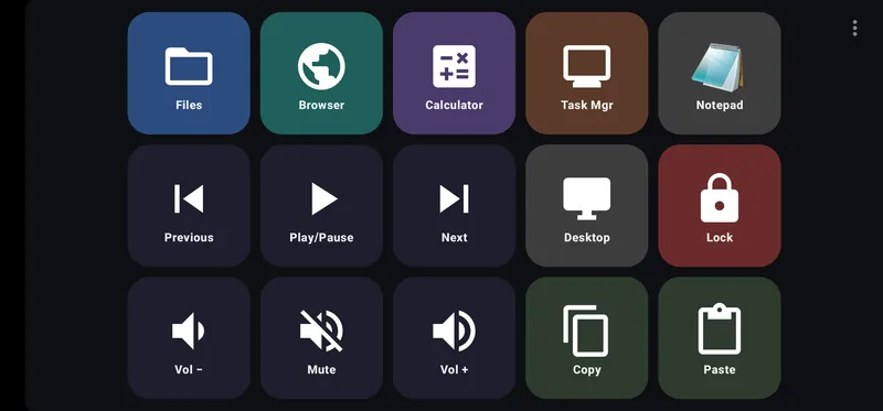 A 5 by 3 deck: Files, Browser, Calculator, Task Manager, Notepad, media keys, Desktop, Lock, volume, Copy and Paste