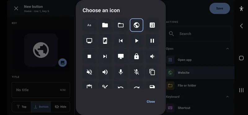 The Choose an icon dialog with a grid of built-in symbols
