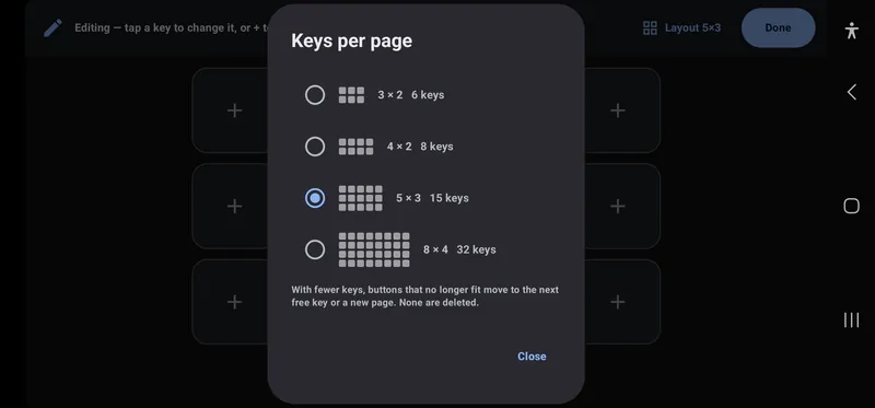 The Keys per page dialog offering 3 by 2, 4 by 2, 5 by 3 and 8 by 4