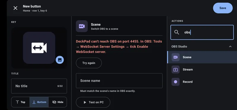 The OBS Scene action in the editor, explaining that DeckPad can't reach OBS on port 4455 and how to turn on the WebSocket server